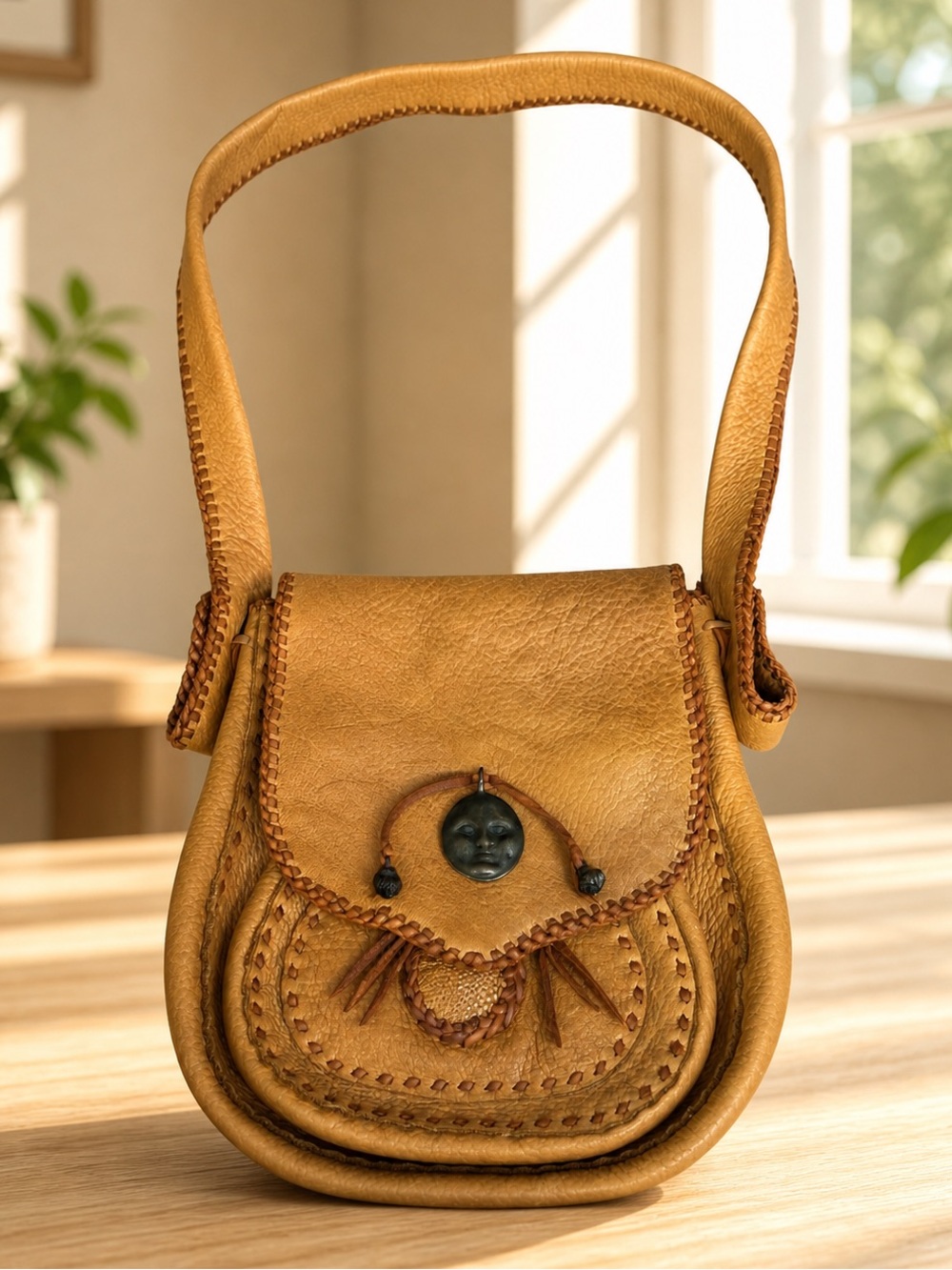 Vintage 70s Hippie Leather Bohemian Boho Gypsy Style Whip-Stitch Shoulder Bag - Picture 2 of 13